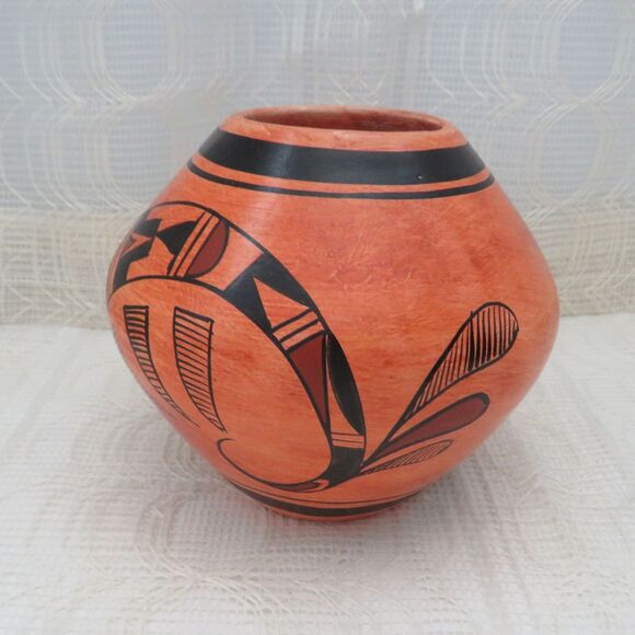 Vintage Orange Handpainted Mexican Pottery with Handpainted Hopi Style Design - Picture 2 of 10
